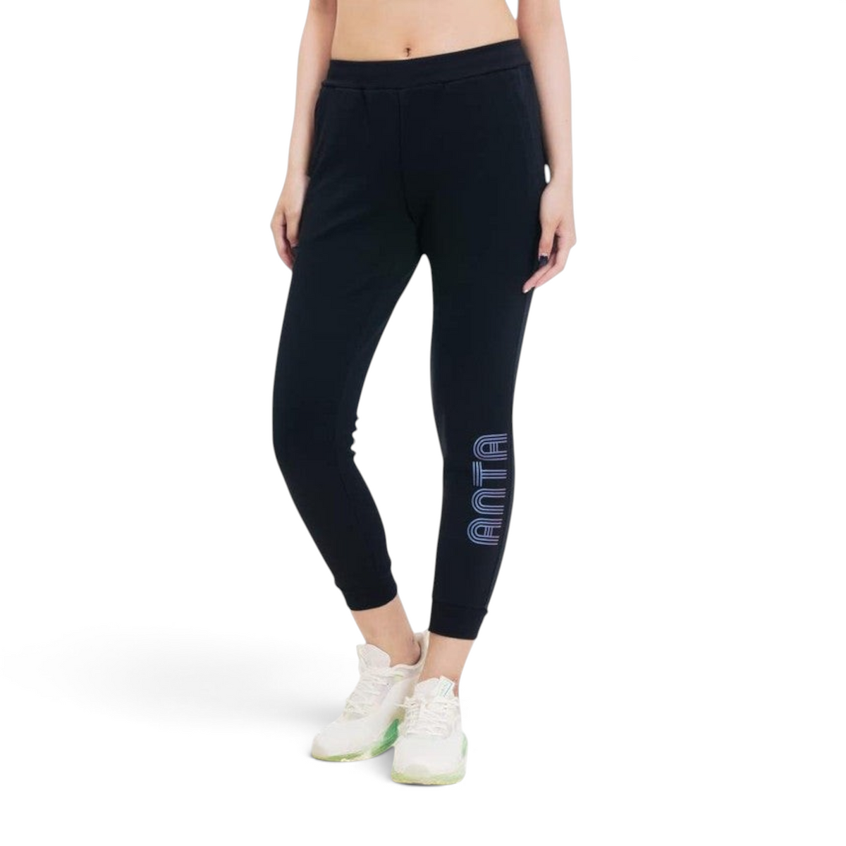 FRG ANTA black ankle-length training pants with four-way stretch fabric and blue logo detail on the leg