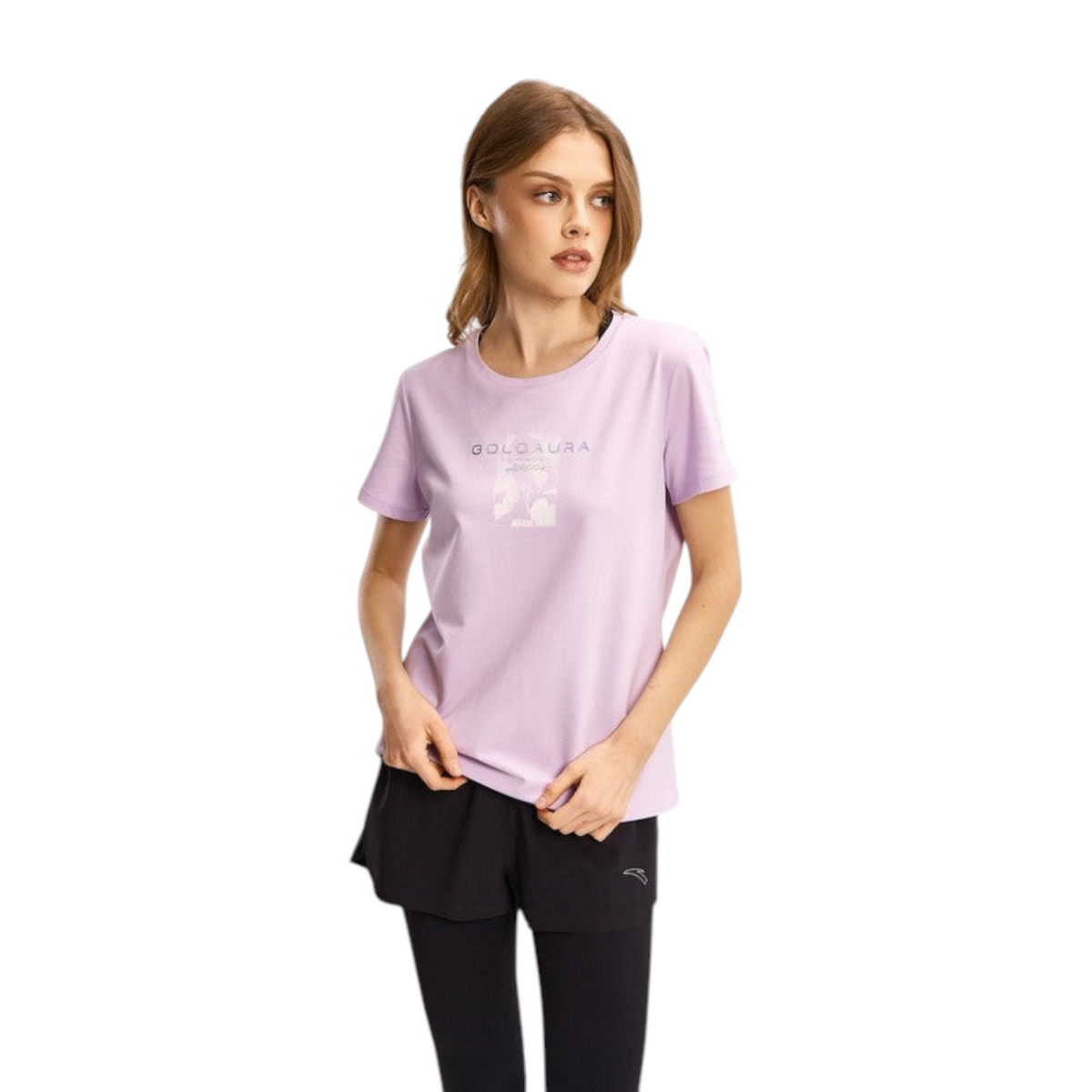 FRG ANTA light purple short sleeve cross training t-shirt with graphic print worn by a model