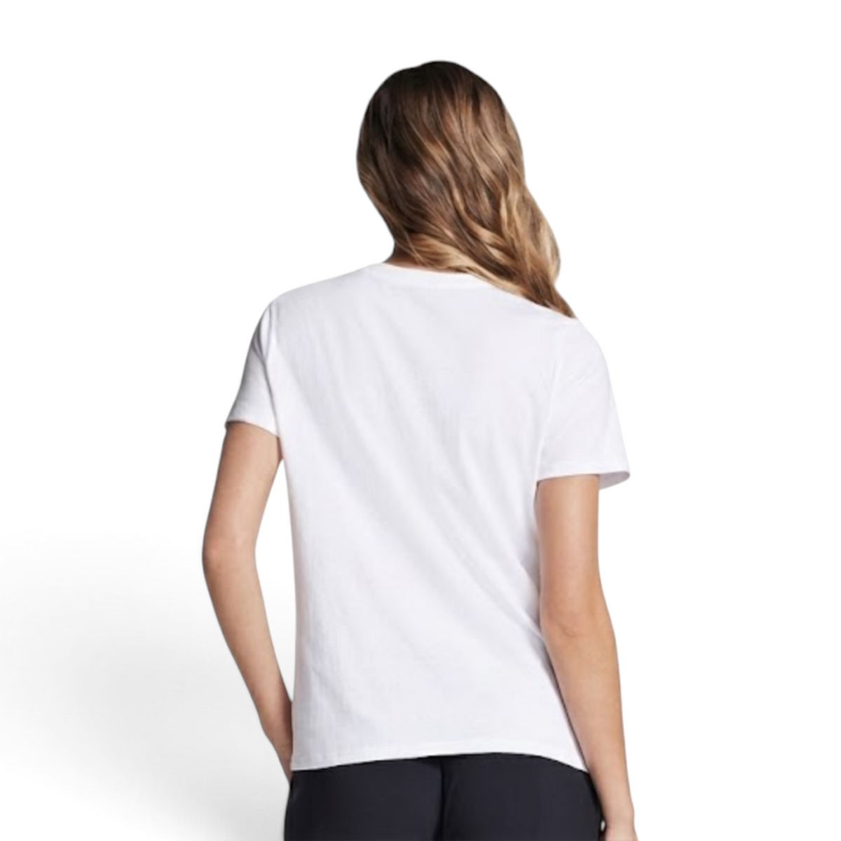 Back view of a woman wearing a snow white ANTA A-Chill Touch short sleeve lifestyle t-shirt with a soft fabric blend.