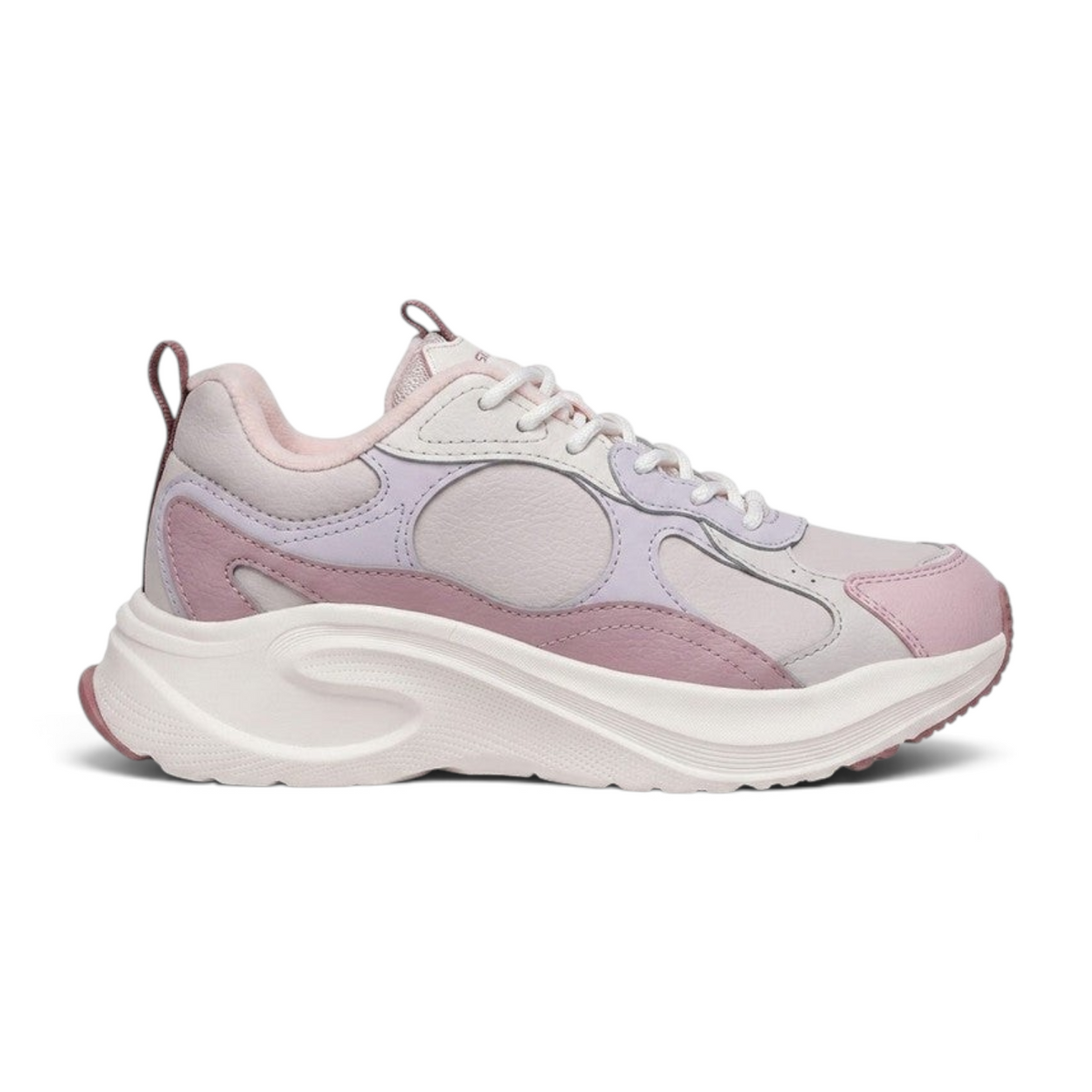 FRG ANTA women's casual sneakers in soft pink and grey with a chunky cushioned midsole and breathable mesh design.