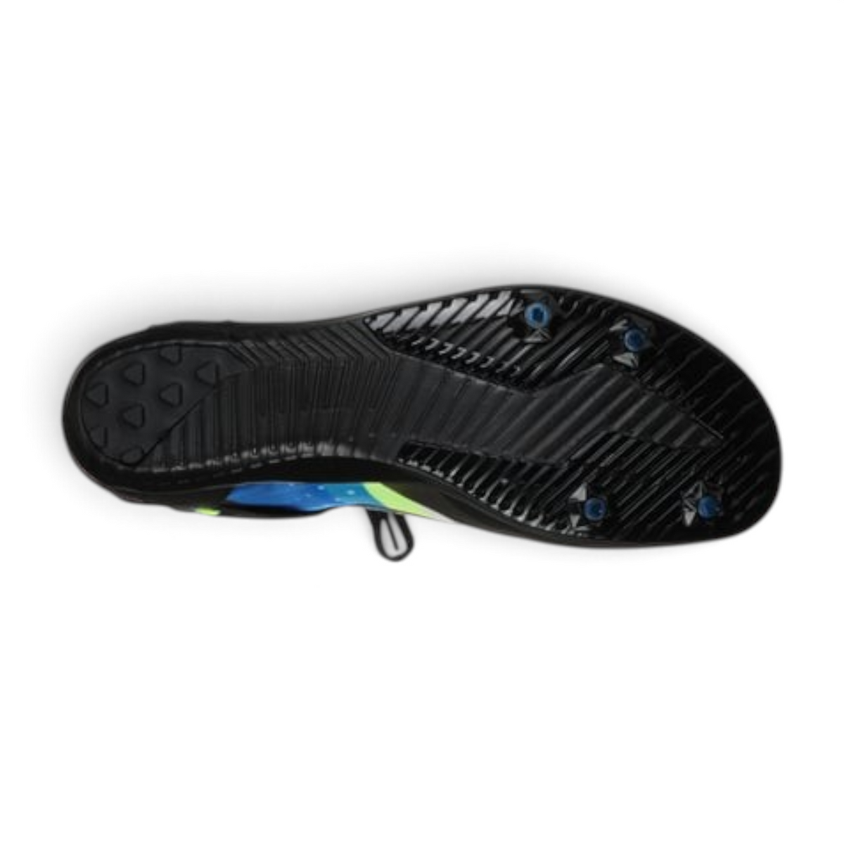 FRG SPEED XC - S racing flat with black rubber outsole, forefoot aluminum spikes, and blue patterned mesh upper