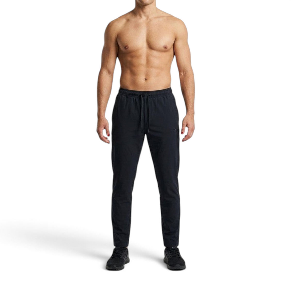 FRG ANTA black woven track pants with a tapered fit worn by a shirtless man against a white background