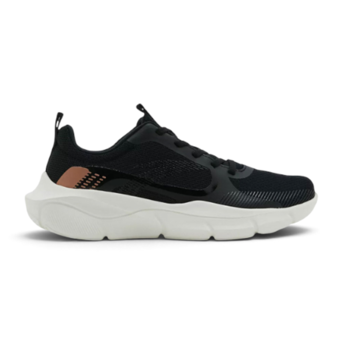 FRG women's black cross-training shoes with a thick white cushioned sole and rose gold heel accent