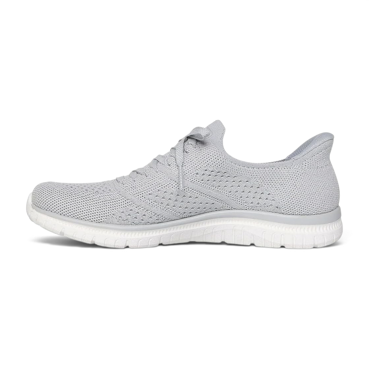 FRG Skechers Virtue Flawless gray slip-on sneakers with a flexible knit upper and white cushioned sole