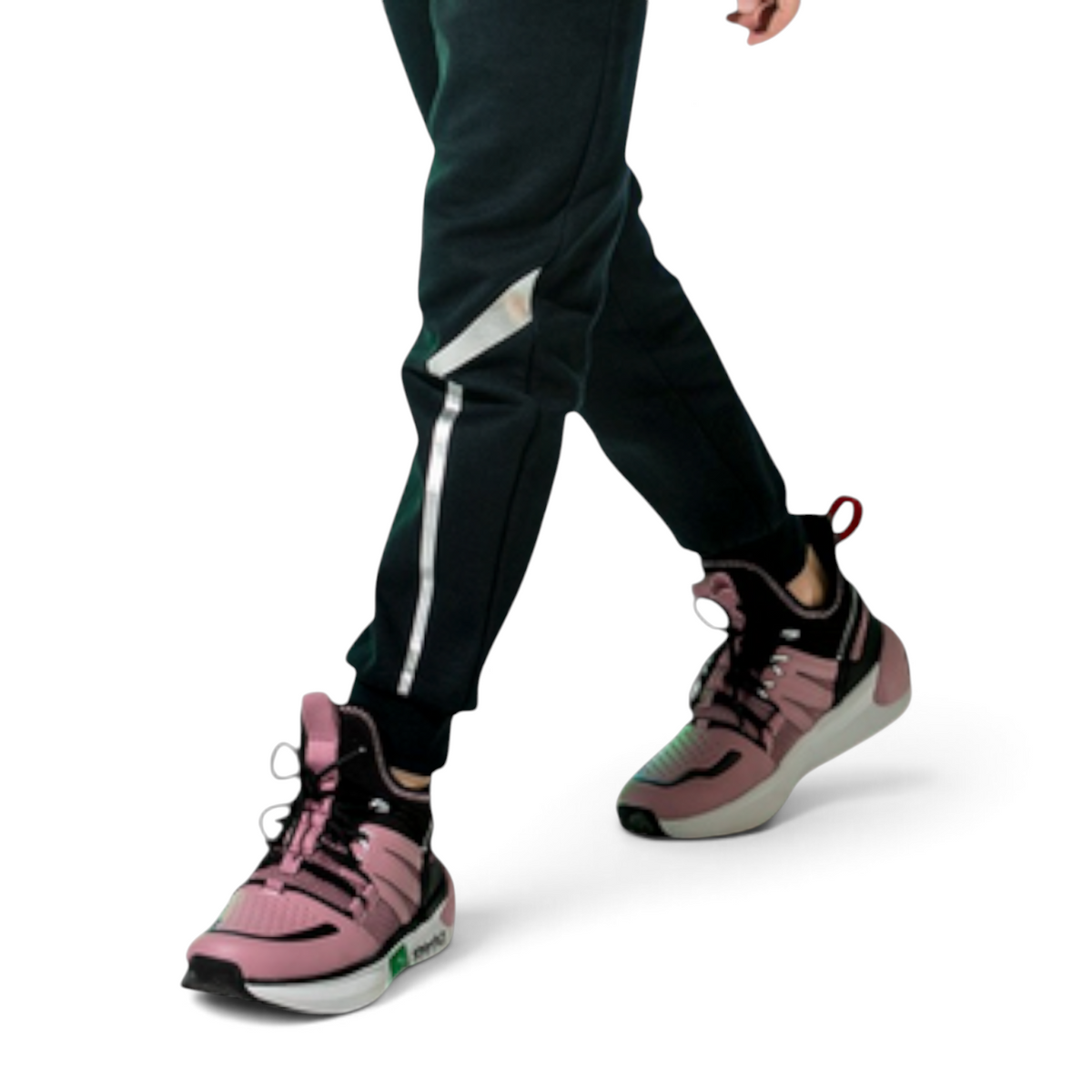 FRG ANTA black knit track pants with reflective side stripes worn with pink and black athletic sneakers