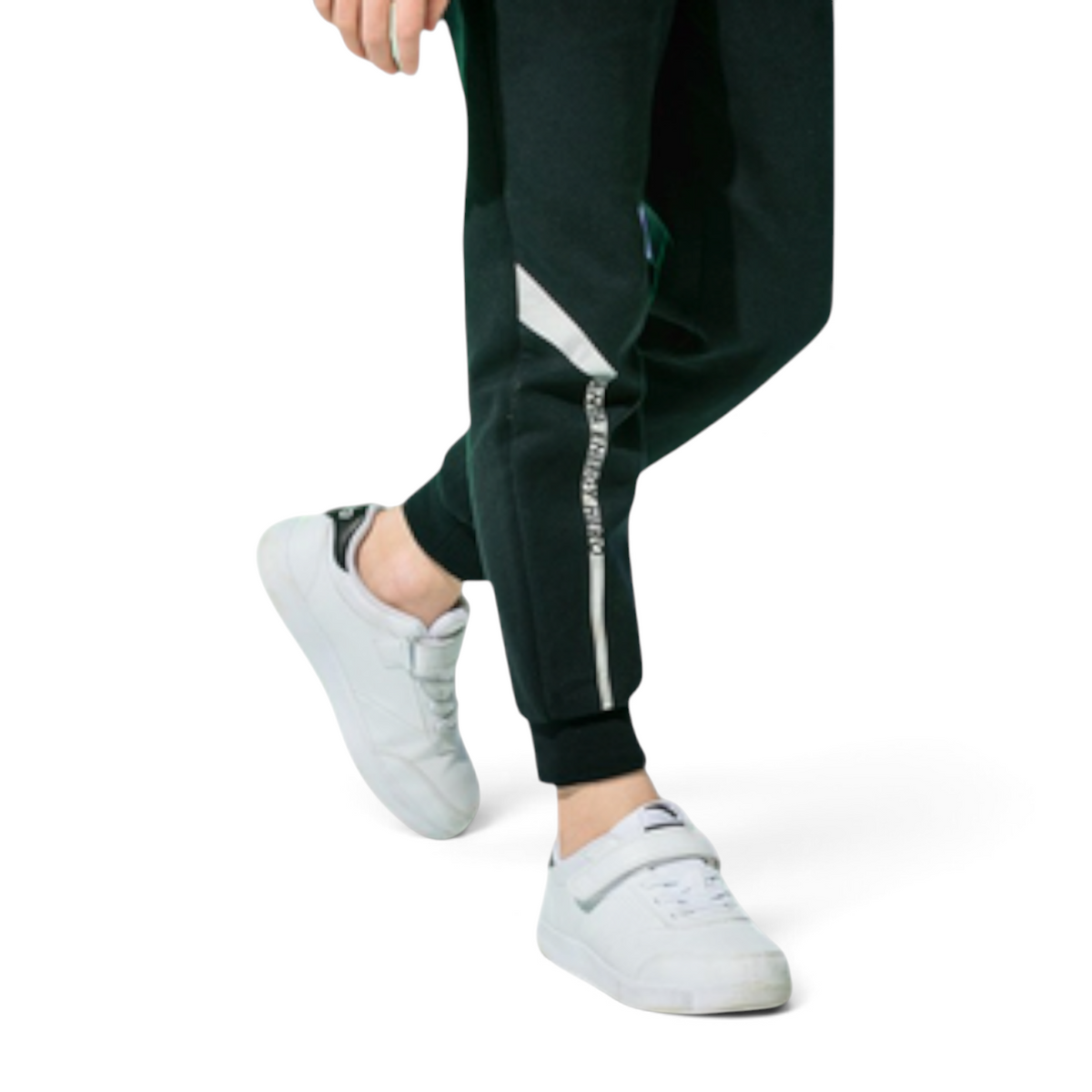 FRG ANTA black knit track pants with white side stripe detail worn by a child with white sneakers