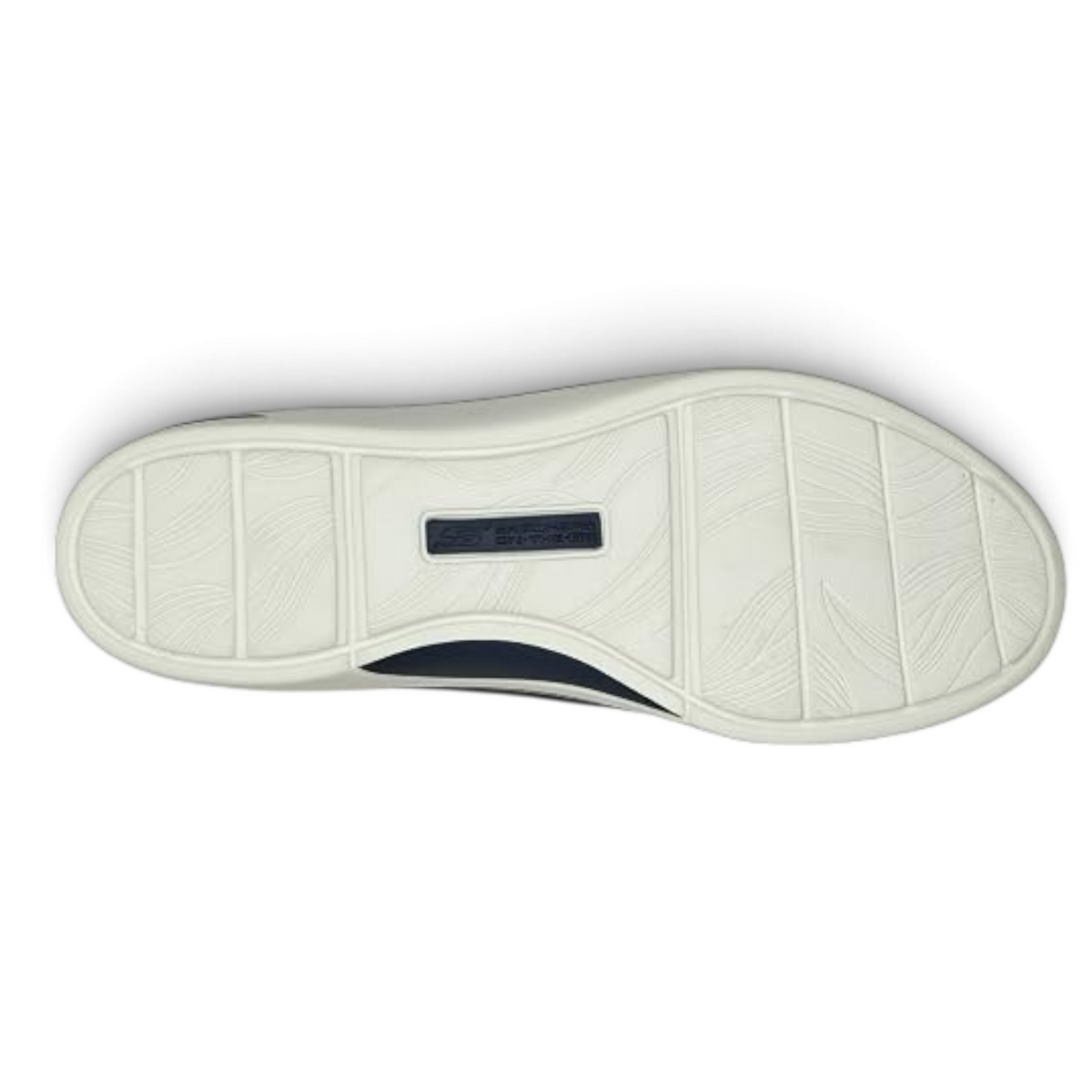 FRG Skechers Arch Fit Uplift navy skimmer flat showing the textured white rubber outsole and arch support detail