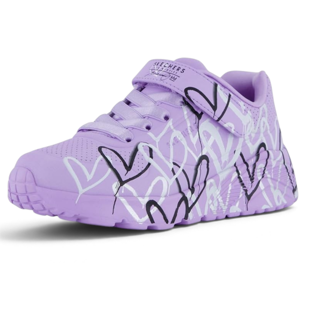 FRG Skechers x JGoldcrown kids' lavender wedge sneaker with signature black and white drip-heart graffiti print