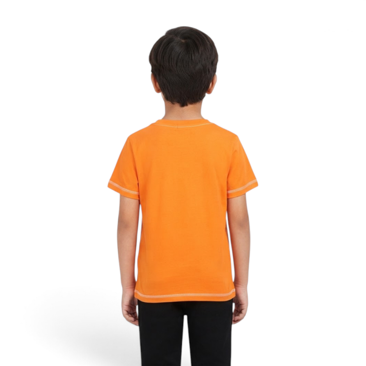 FRG ANTA little kids short sleeve crew neck t-shirt in flash orange, back view on a child