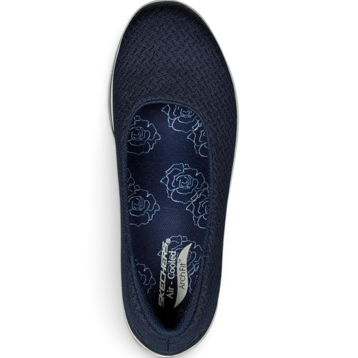 FRG Skechers Arch Fit Uplift navy mesh skimmer flat with floral insole and arch support