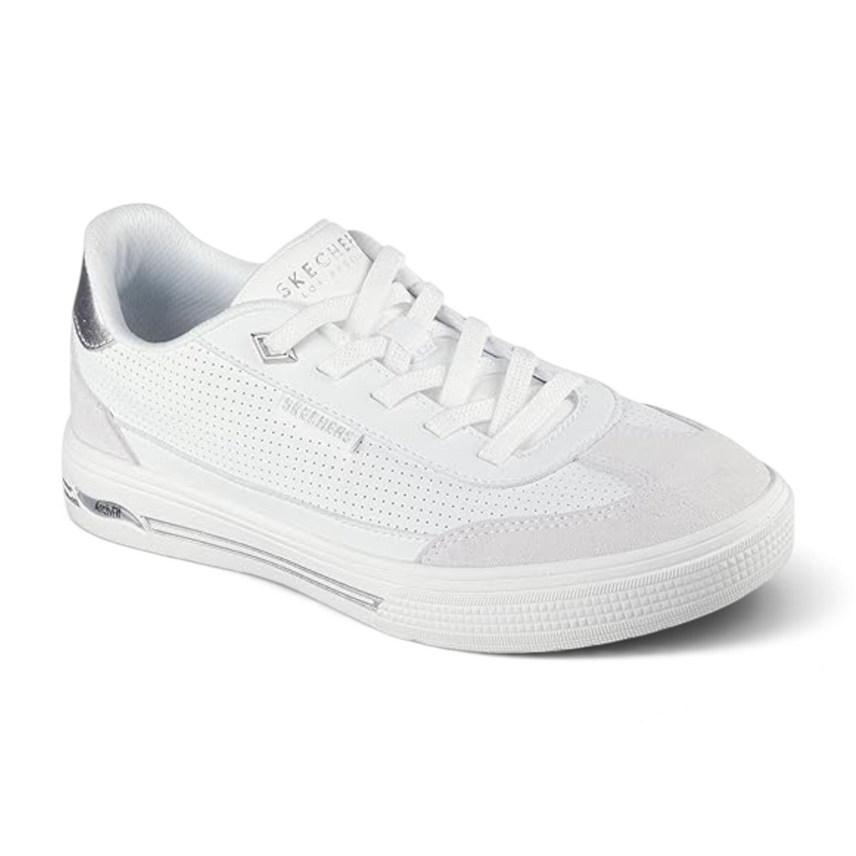 FRG Skechers Arch Fit Arcade Diamond Daze white slip-on sneakers with perforated leather and metallic heel detail