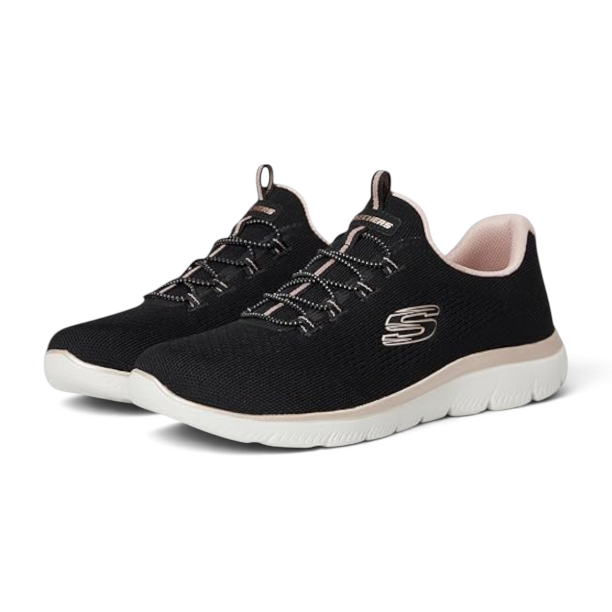 FRG Skechers Arch Fit Arcade Diamond Daze black slip-on sneakers with white cushioned soles and rose gold accents.