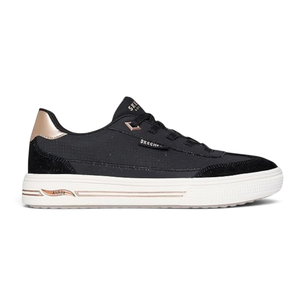 FRG Skechers Arch Fit Arcade Diamond Daze black slip-on sneakers with rose gold accents and white platform sole