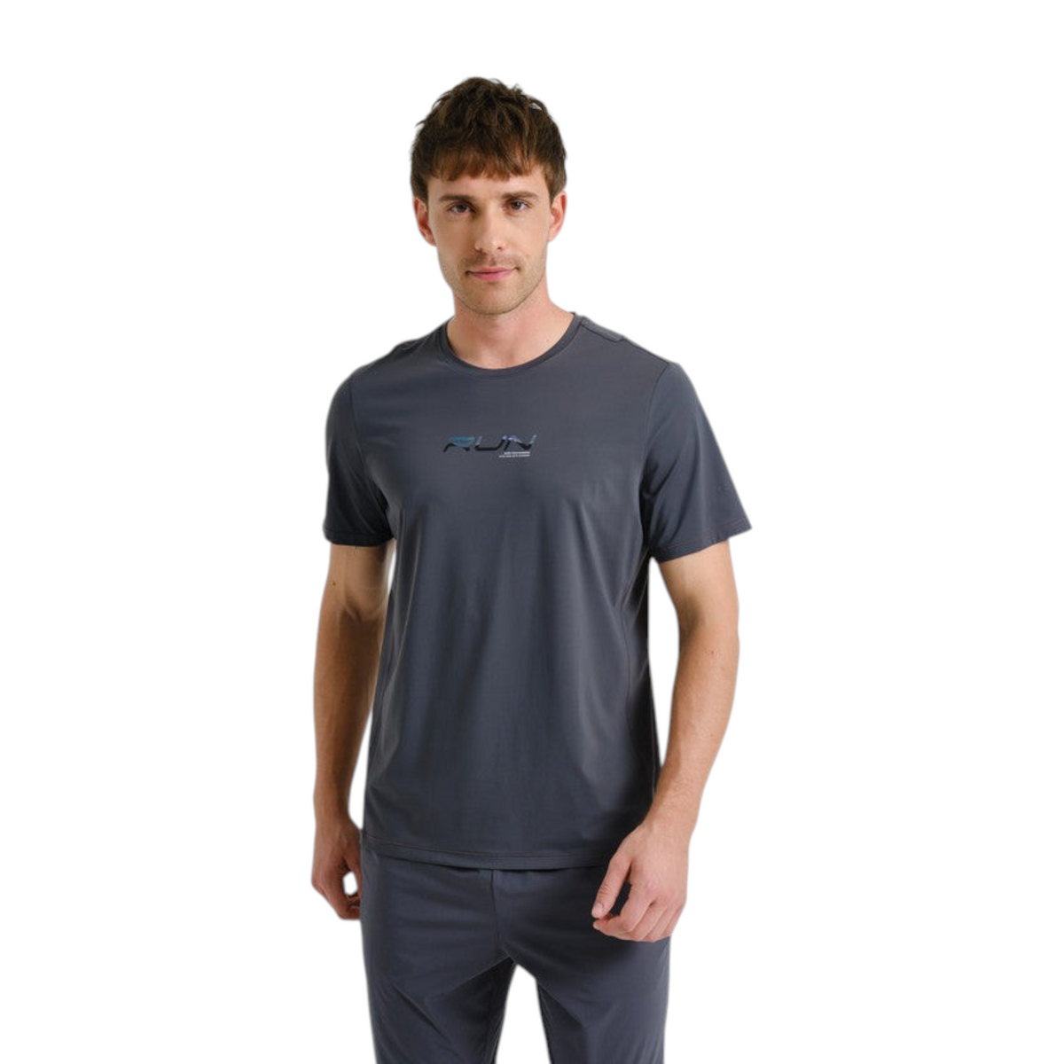 FRG ANTA grey short sleeve running t-shirt with moisture-wicking fabric worn by a male model