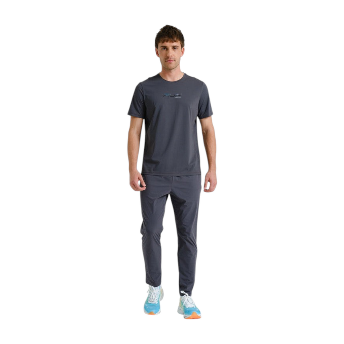 FRG ANTA grey short sleeve running t-shirt worn by a male model with matching trousers and athletic sneakers