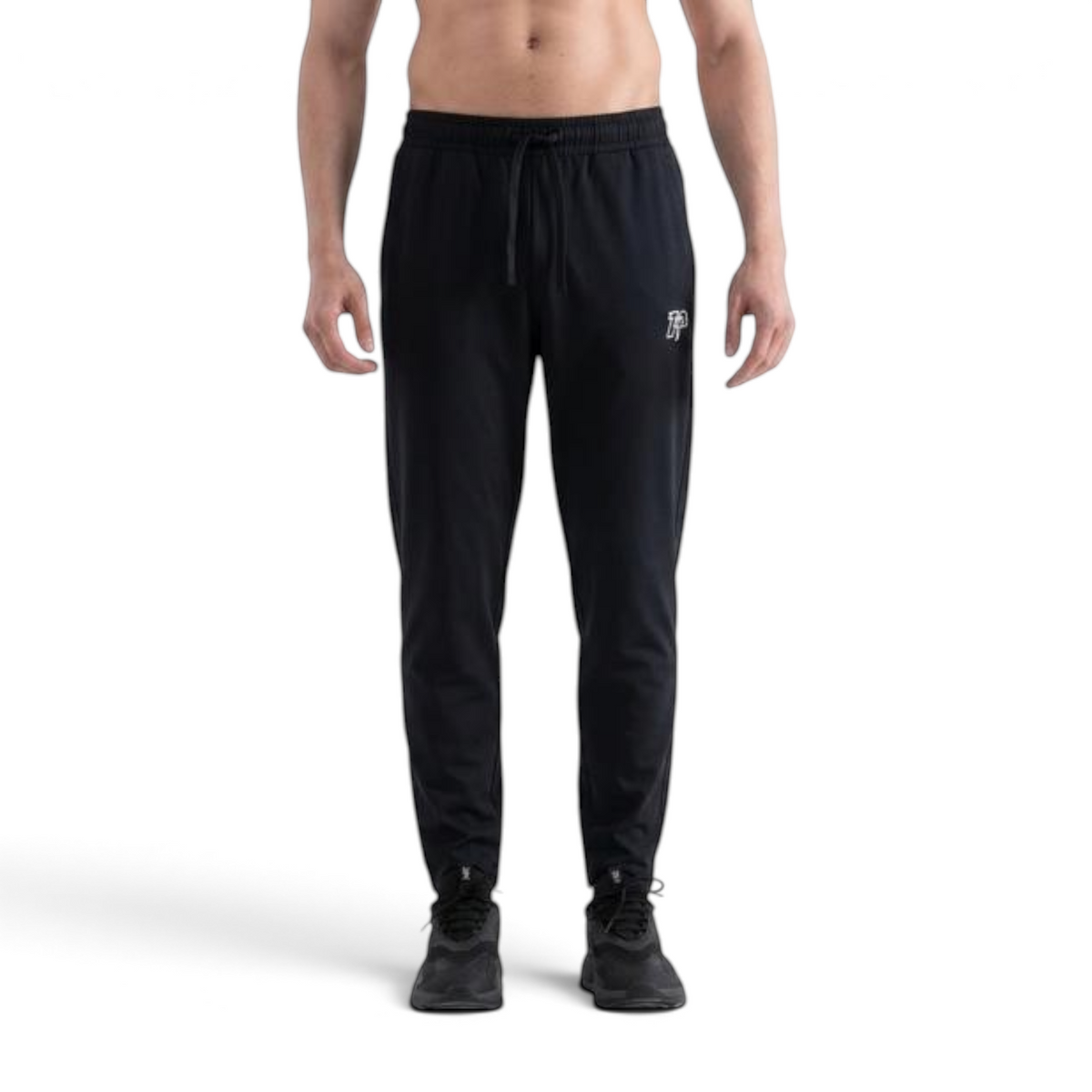 FRG men's black woven track pants with a drawstring waistband and white TA logo on the thigh