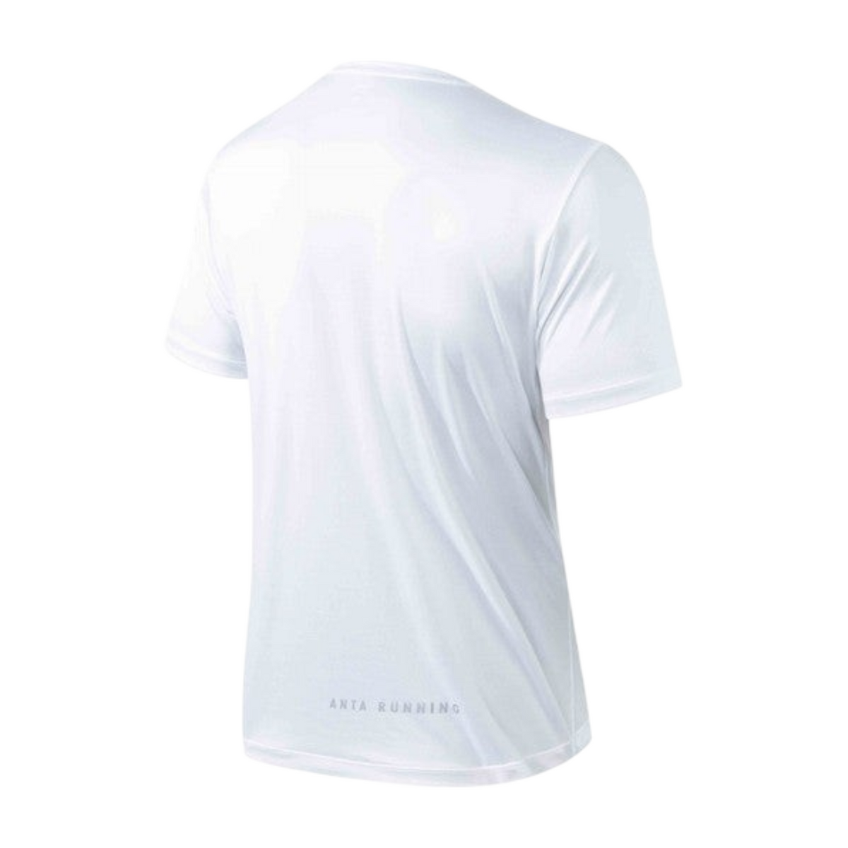 Back view of FRG ANTA pure white short sleeve running t-shirt with moisture-wicking fabric and reflective branding