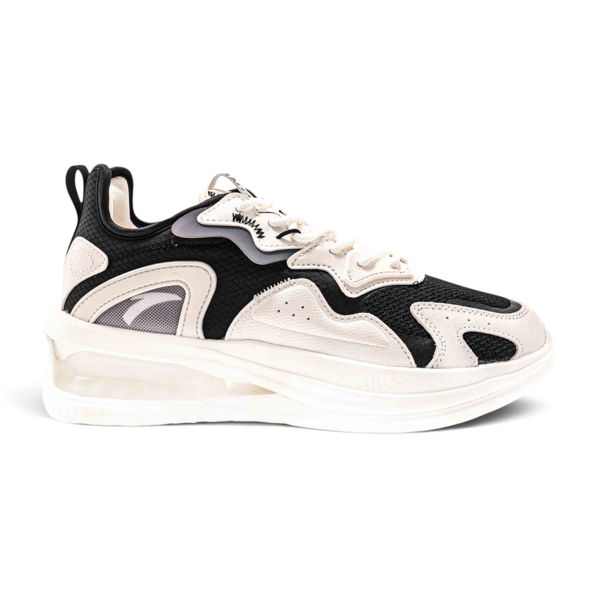 FRG casual sneakers featuring a black mesh upper with cream leather overlays and a thick cushioned white sole