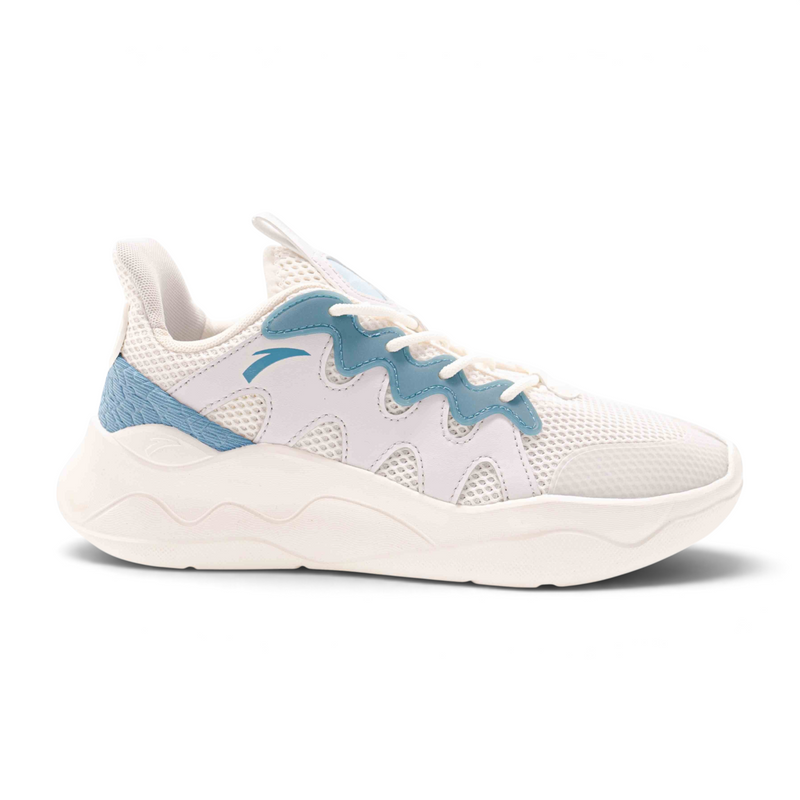FRG casual shoes featuring a white mesh upper, thick cushioned sole, and blue wavy accent overlays.
