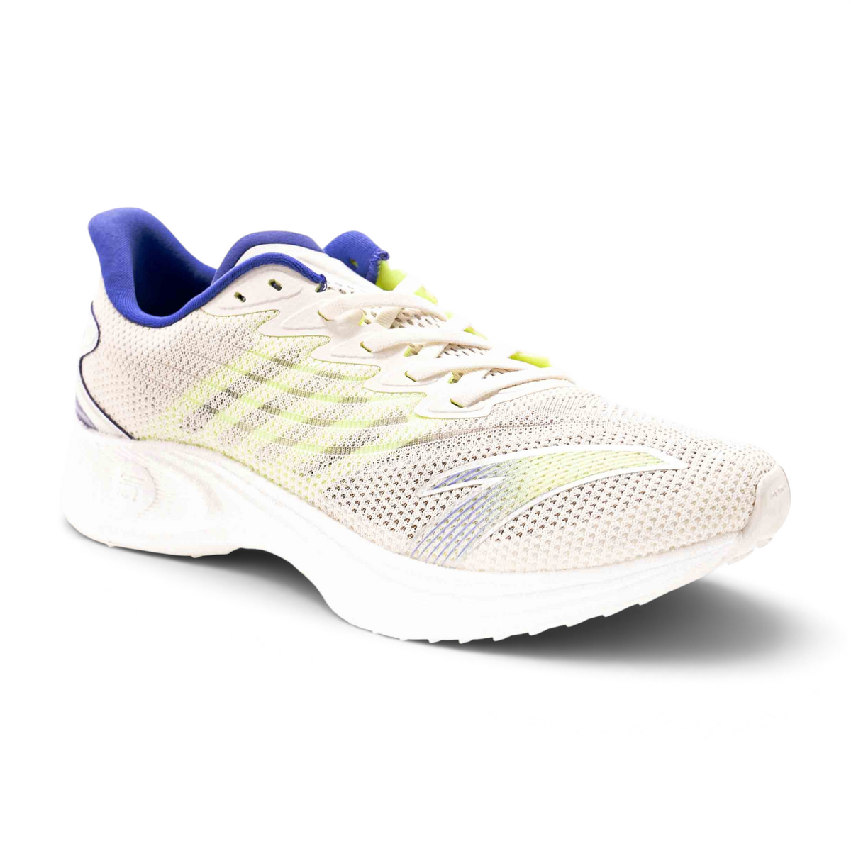 FRG running shoes in beige mesh with lime green accents and blue collar lining on a white background