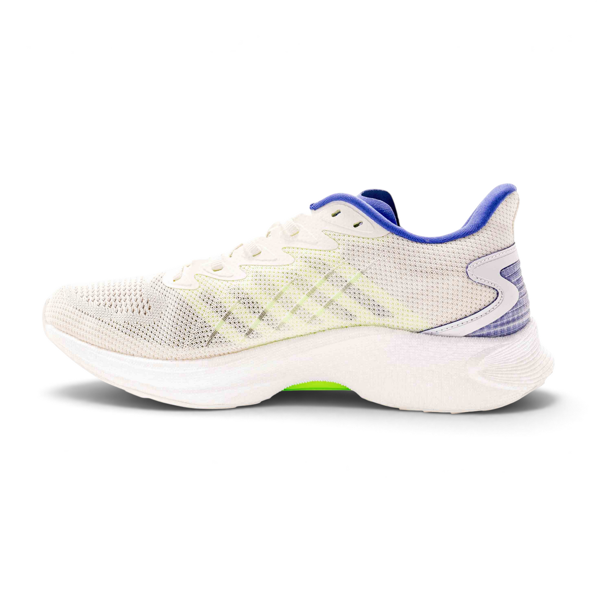 FRG running shoes in white mesh with blue accents and a thick white cushioned sole, side view