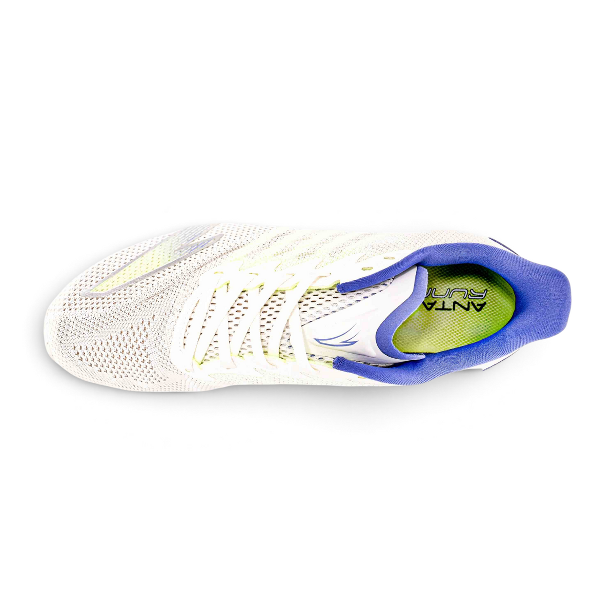 Top view of FRG white mesh running shoes with blue interior lining and neon green insoles