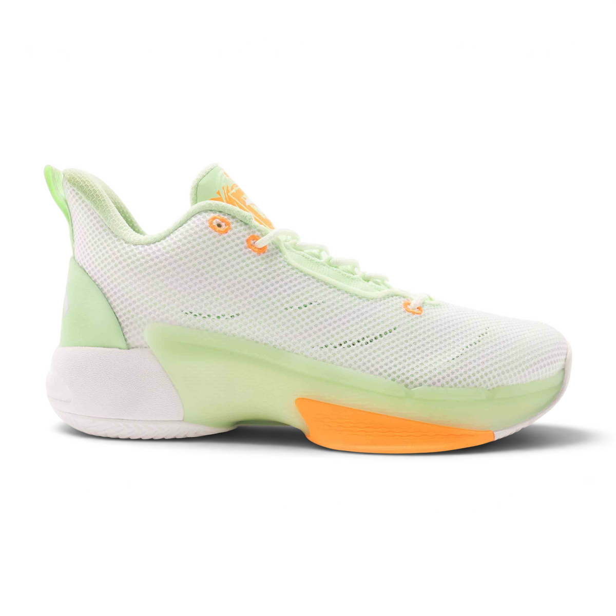FRG men's basketball shoes in white mesh with lime green accents and bright orange sole details