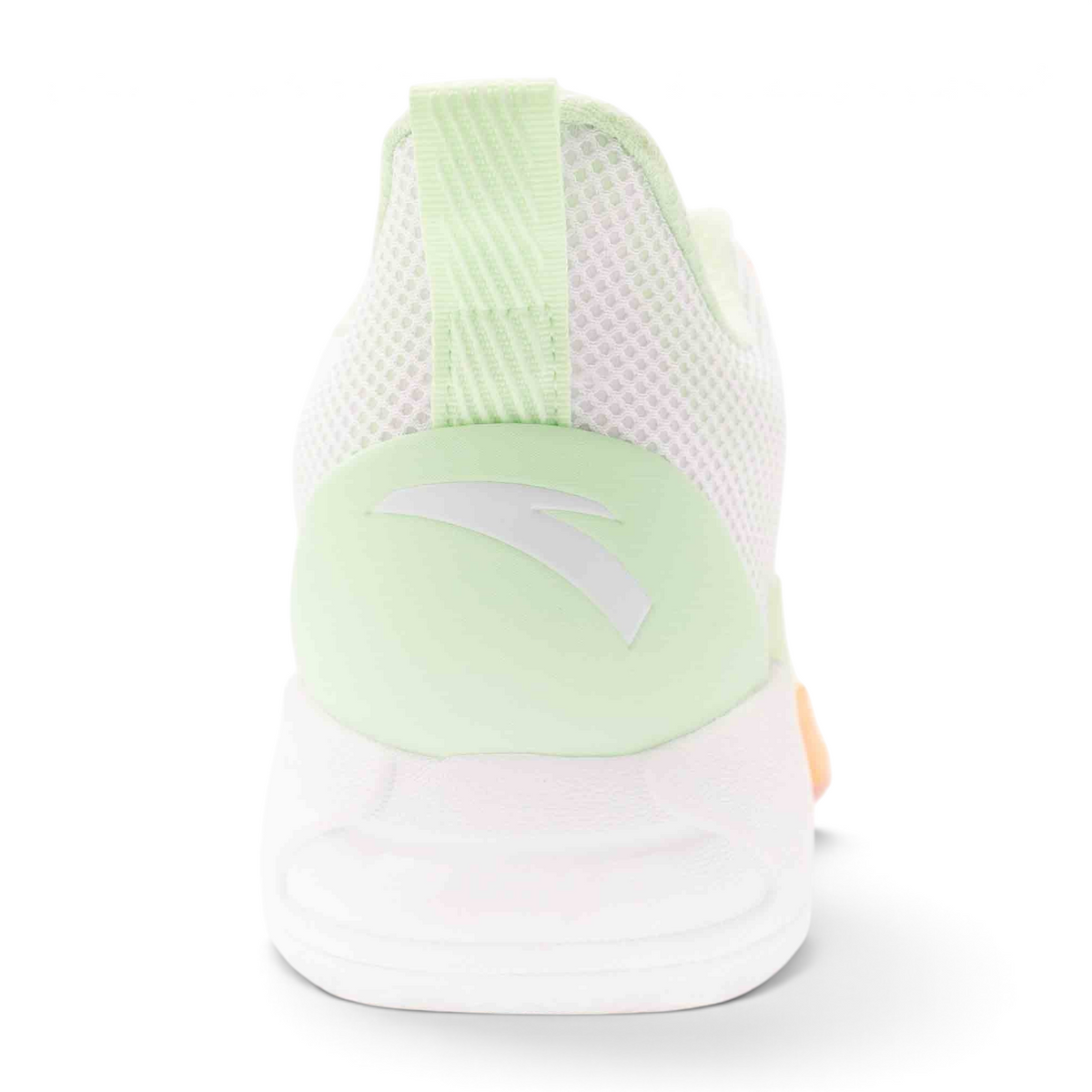 FRG men's basketball shoes in light green and white with a mesh upper and heel pull tab, rear view