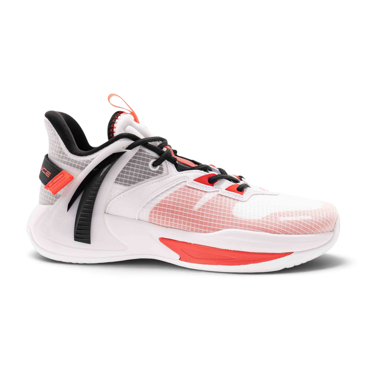 FRG basketball shoes in white with red and black accents, featuring a breathable mesh upper and durable rubber sole.