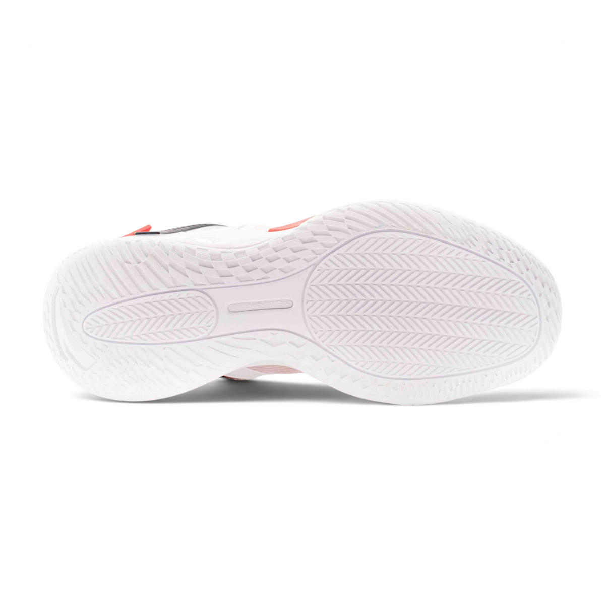 FRG basketball shoes featuring a white rubber outsole with a herringbone traction pattern for court grip.