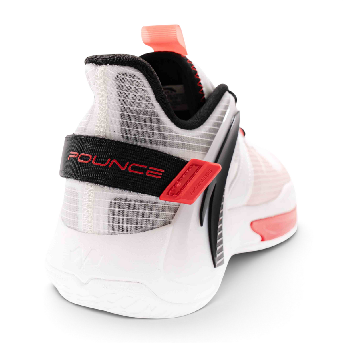 FRG basketball shoes featuring a white mesh upper, black heel strap with POUNCE branding, and red accent details.