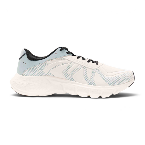 FRG running shoes in white with light blue accents, featuring a breathable mesh upper and durable cushioned sole.
