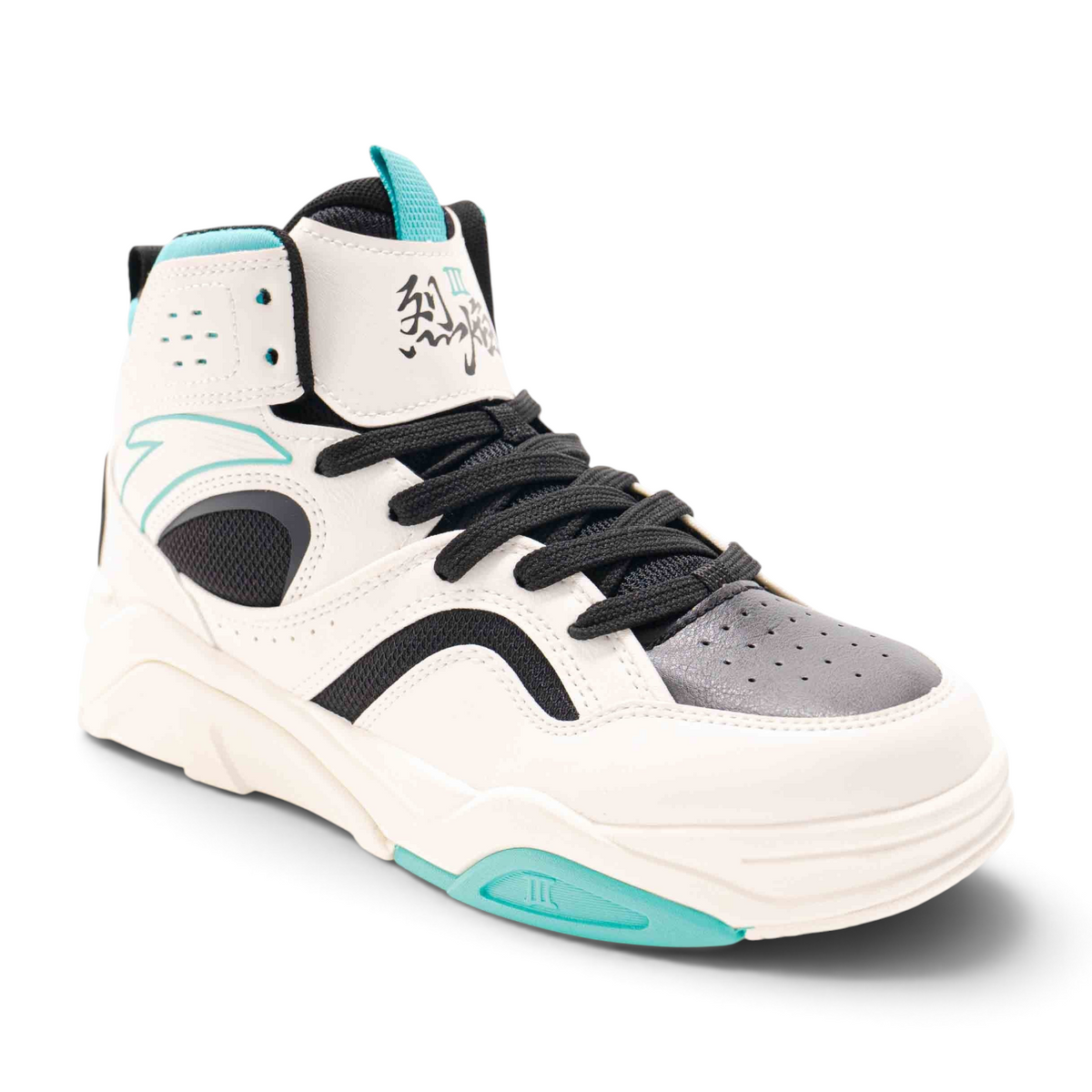 FRG X-GAME men's lifestyle high-top sneakers in white, black, and teal with perforated leather and lace-up closure.