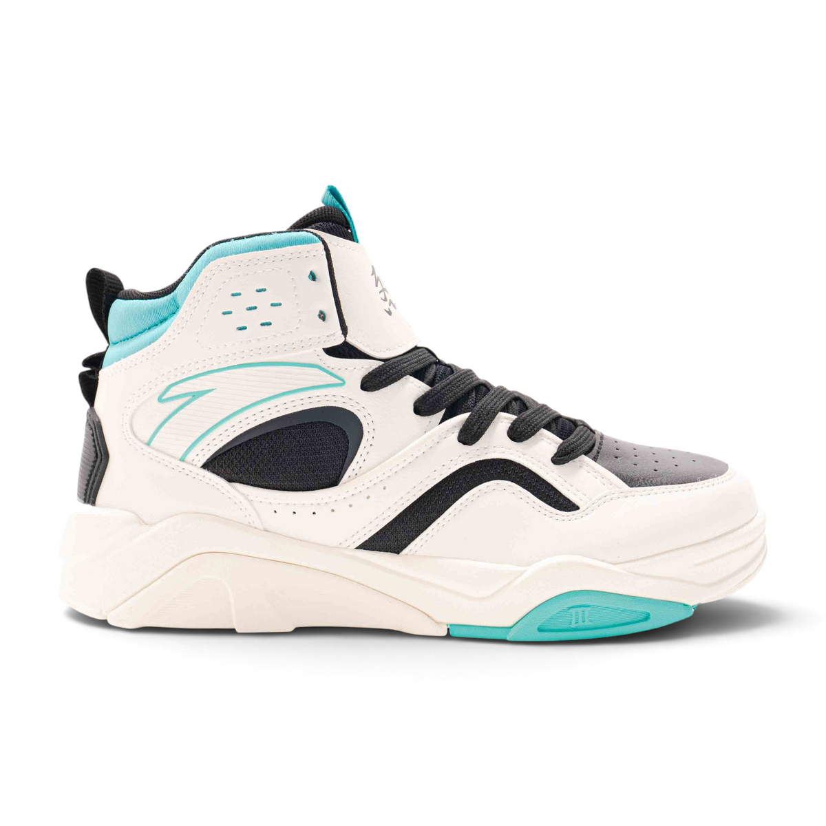 FRG X-GAME men's lifestyle high-top sneakers in white, black, and teal with a chunky sole and lace-up closure.
