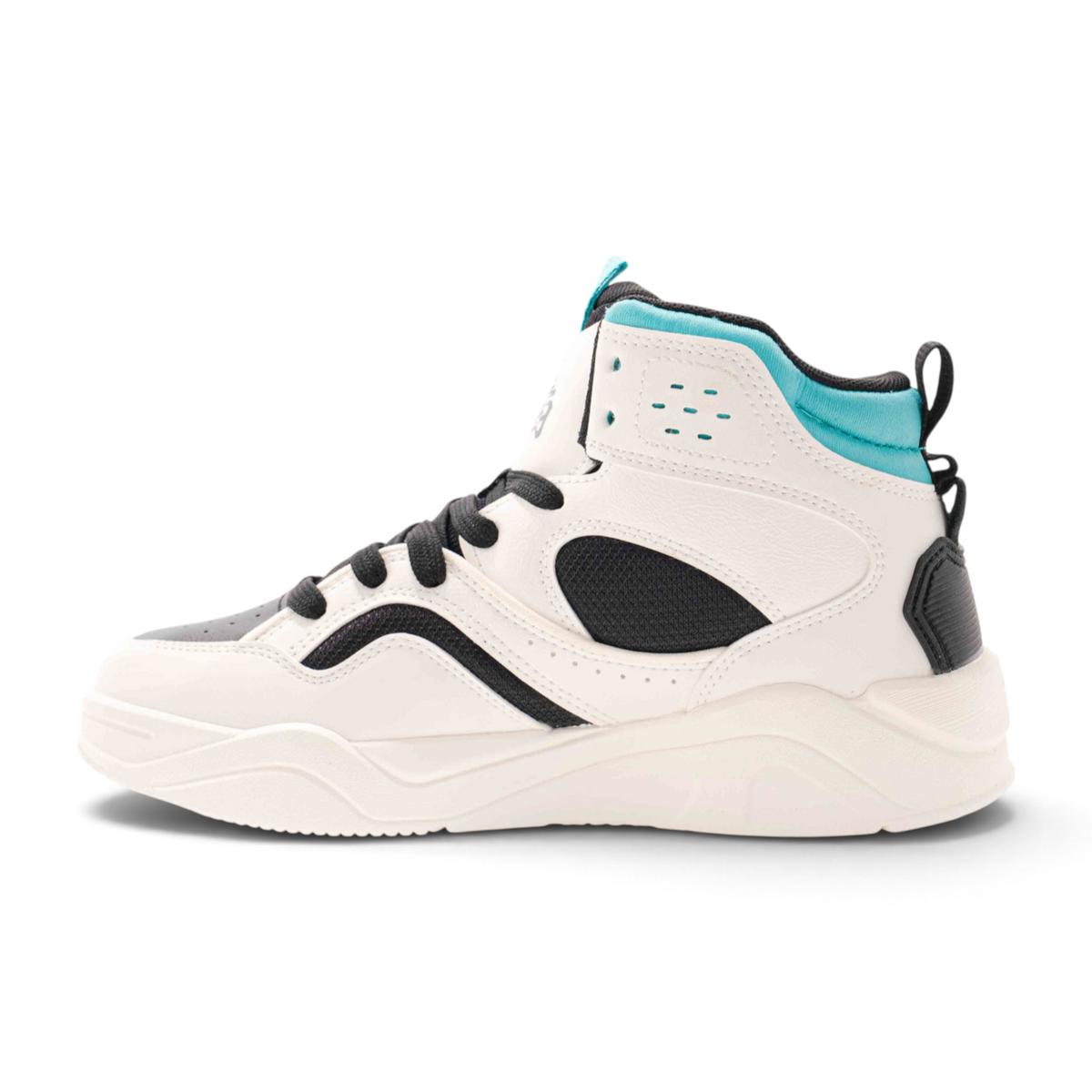 FRG X-GAME men's lifestyle high-top sneakers in white, black, and teal with a chunky sole and perforated details.
