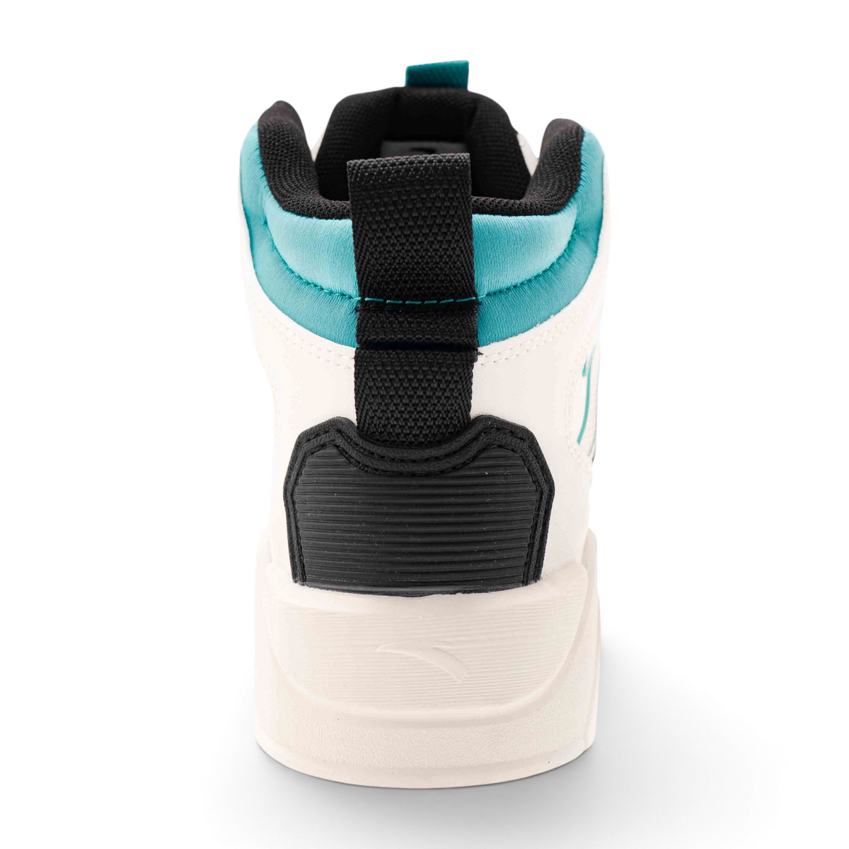 FRG X-GAME men's lifestyle sneakers in white, black, and teal, featuring a high-top design and rear pull tab.