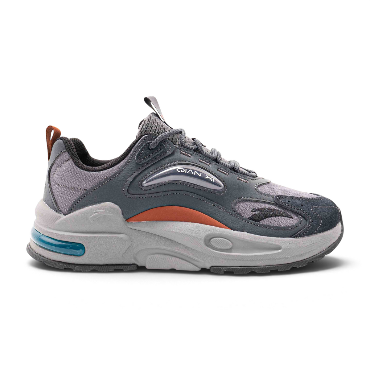 FRG casual shoes in grey and charcoal with orange accents, featuring a mesh and synthetic upper and chunky sole.