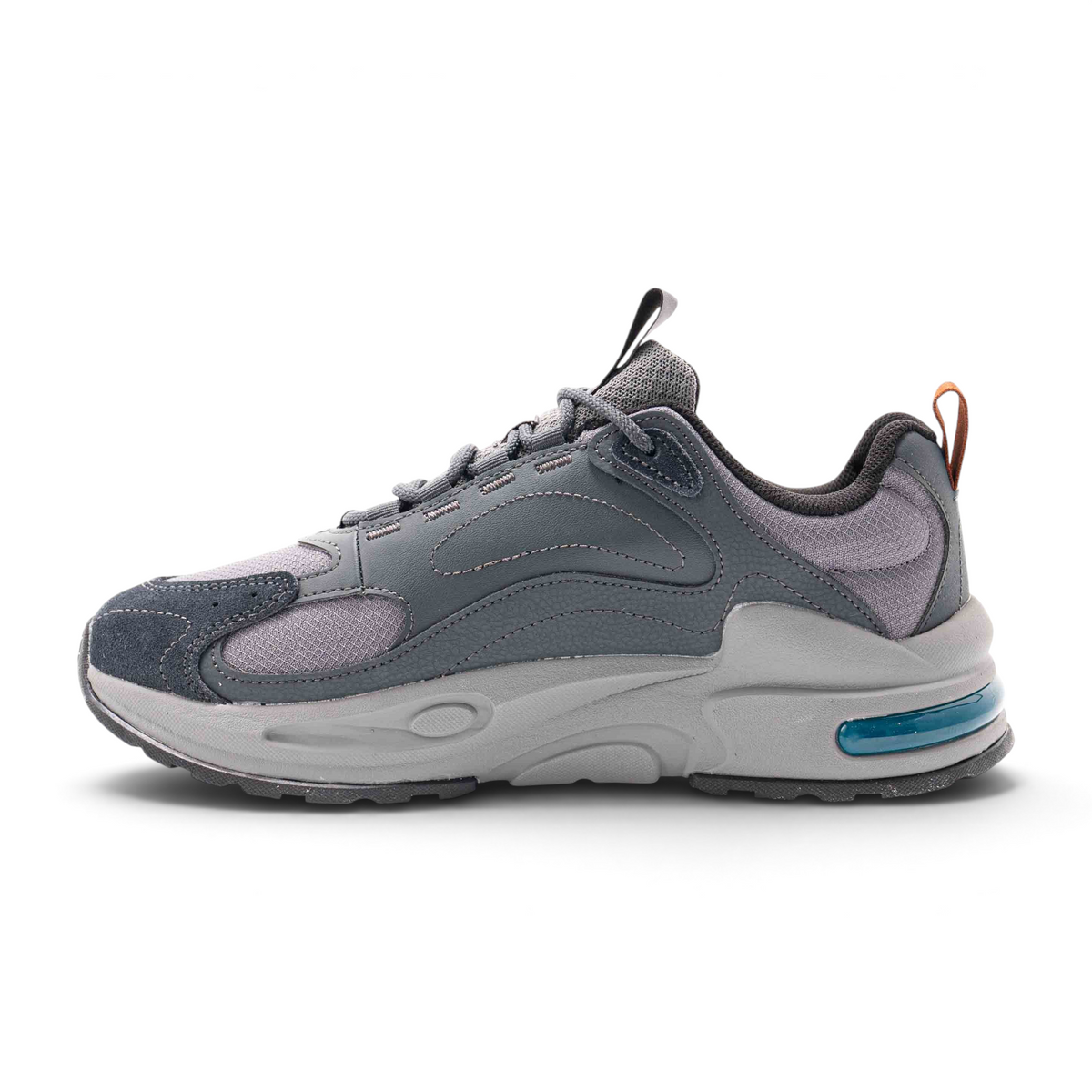 FRG casual sneakers in dark grey with suede and mesh panels, featuring a chunky cushioned sole and blue air unit.