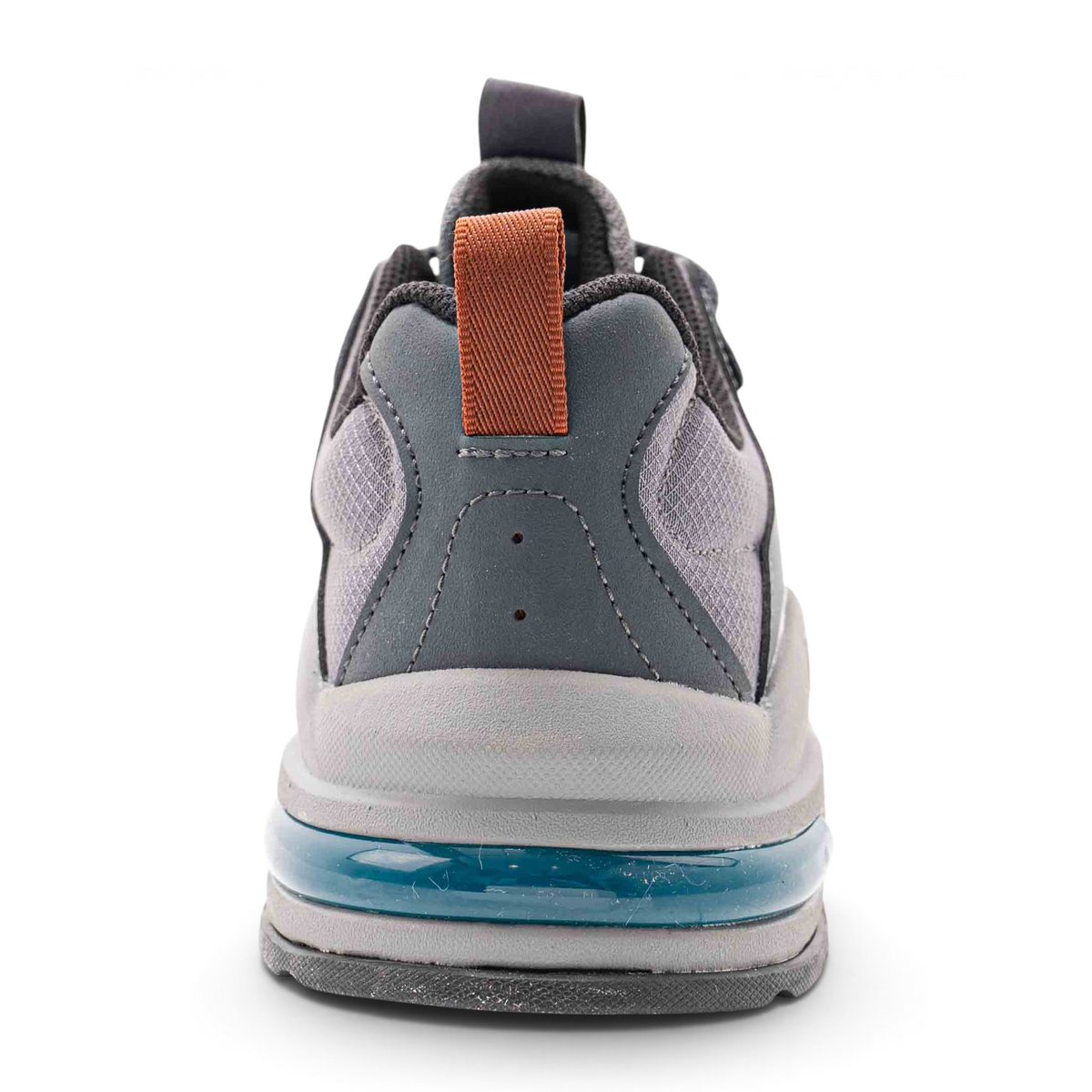 Rear view of FRG casual shoes in grey mesh and synthetic material with a brown heel pull tab and blue air sole unit