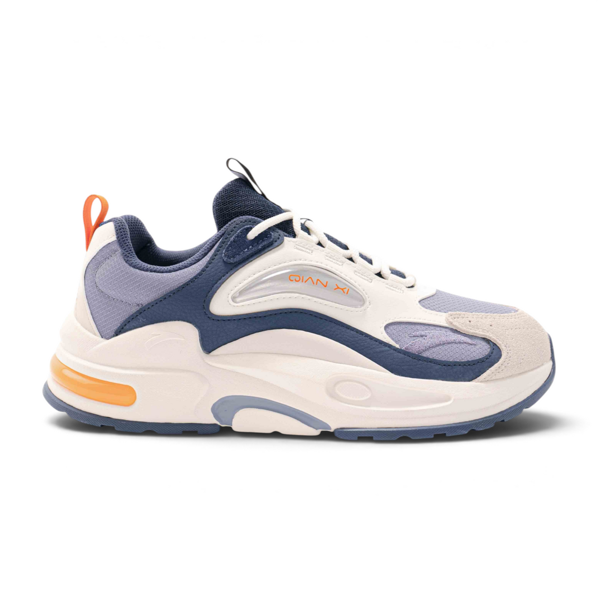 FRG casual sneakers featuring a layered blue and cream mesh and synthetic upper with orange accents and thick sole