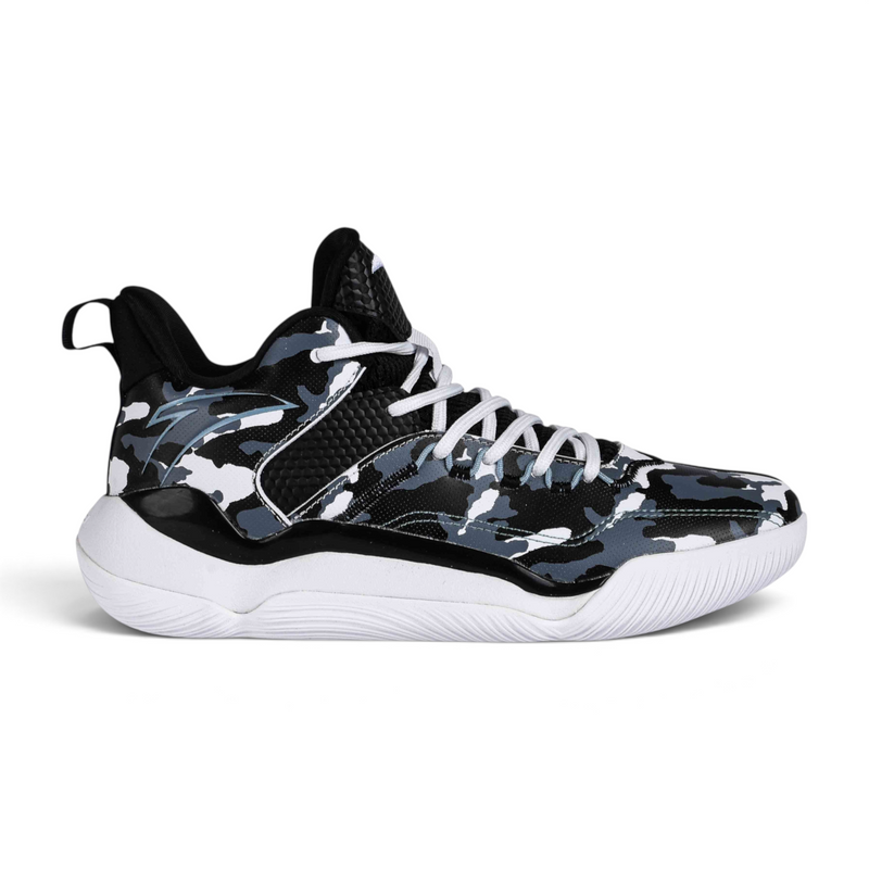 FRG basketball shoes featuring a black, grey, and white camouflage pattern with white laces and a thick white sole.
