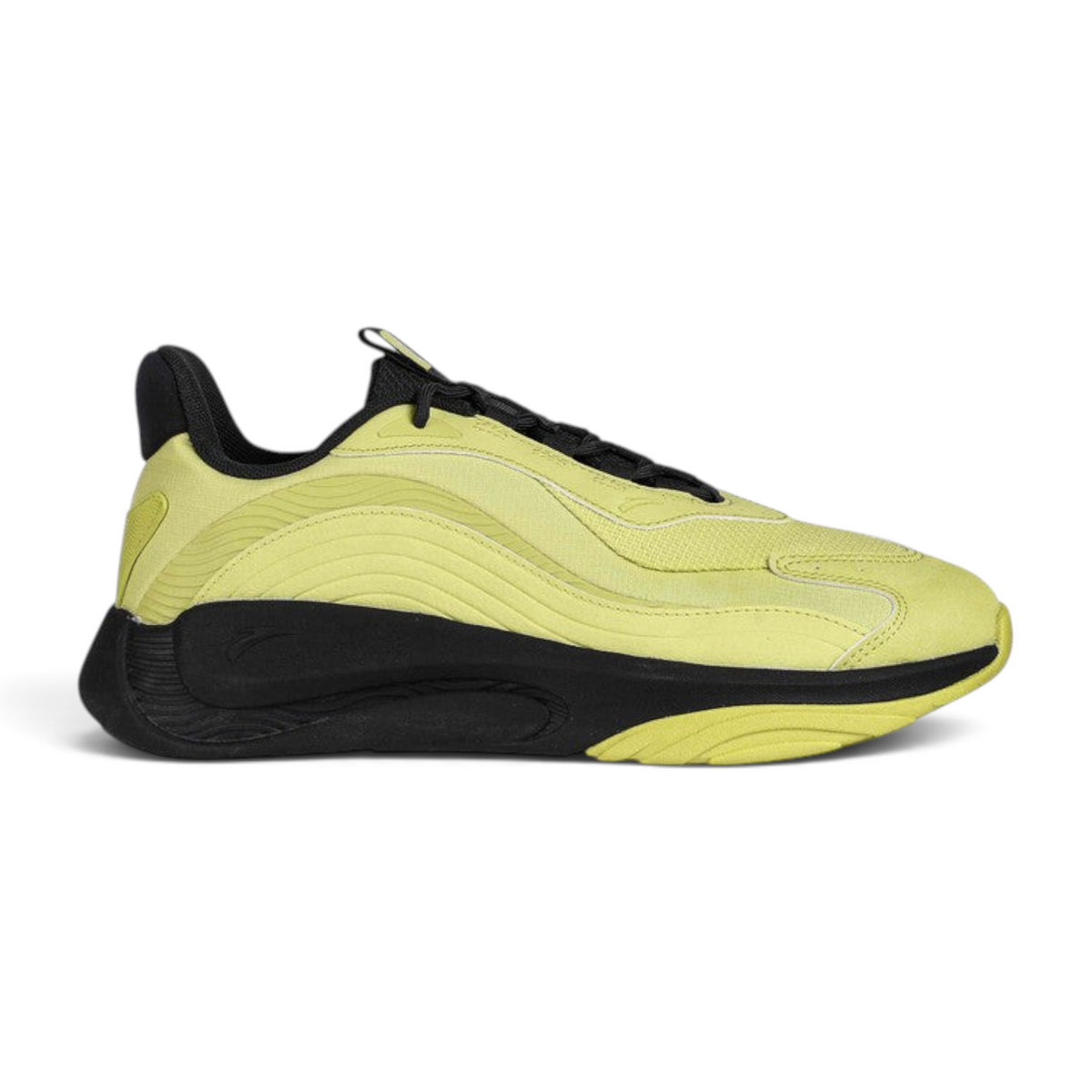 FRG casual shoes in bright lime yellow with black accents and a thick, wavy-textured black sole