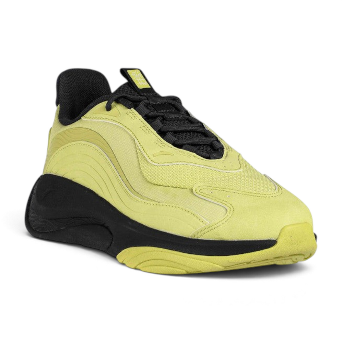FRG casual sneakers in neon yellow with black accents, featuring a chunky sole and layered mesh and suede upper.