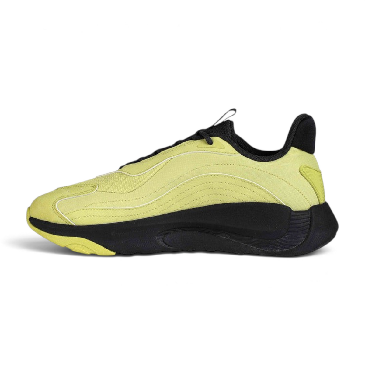 FRG casual shoes in lime yellow with a black chunky sole and sleek mesh upper design