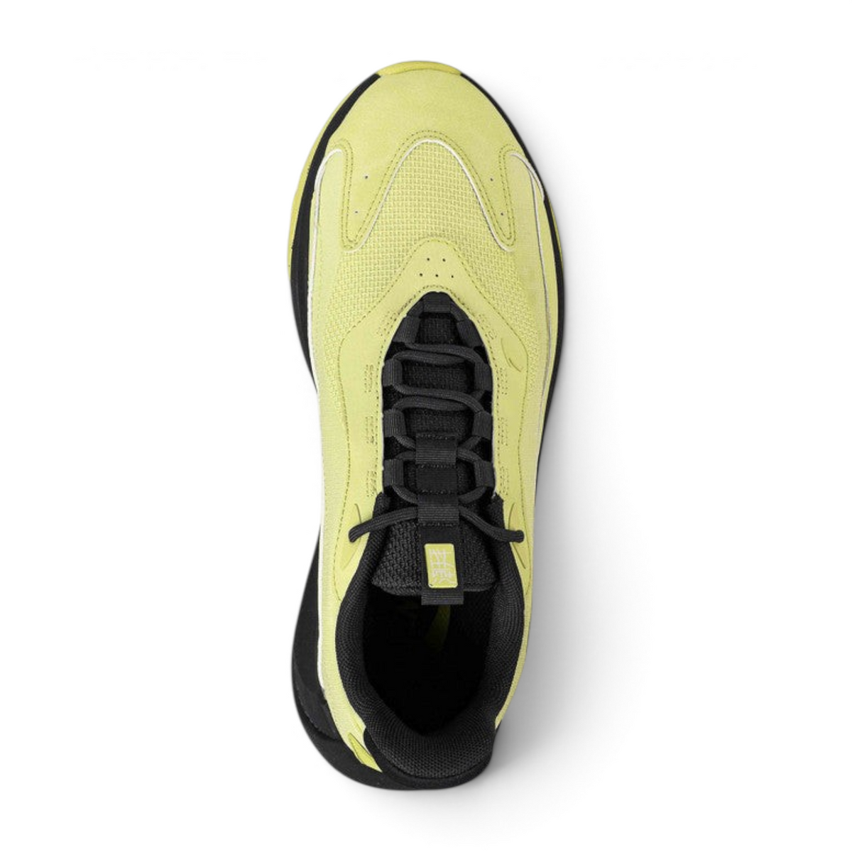 Top view of FRG casual shoes in lime green suede and mesh with black laces and a chunky black sole