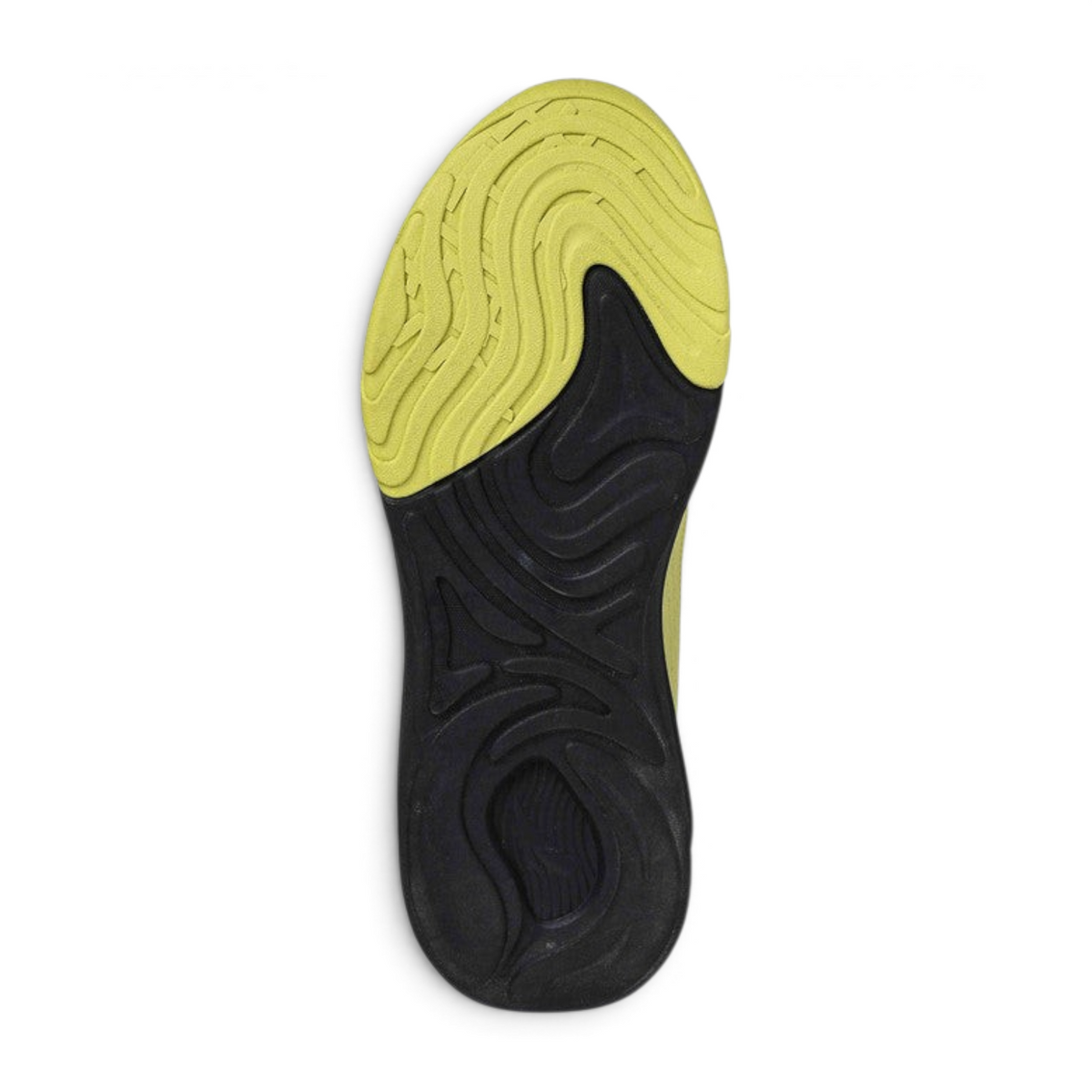 FRG casual shoe sole featuring a two-tone lime green and black rubber tread with a wavy traction pattern