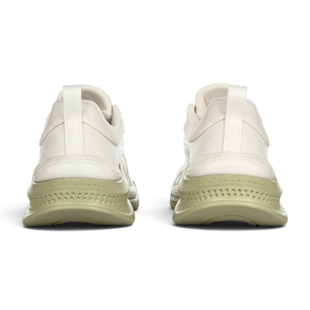 Rear view of FRG cross-training shoes in off-white and sage green with textured midsoles and breathable mesh fabric