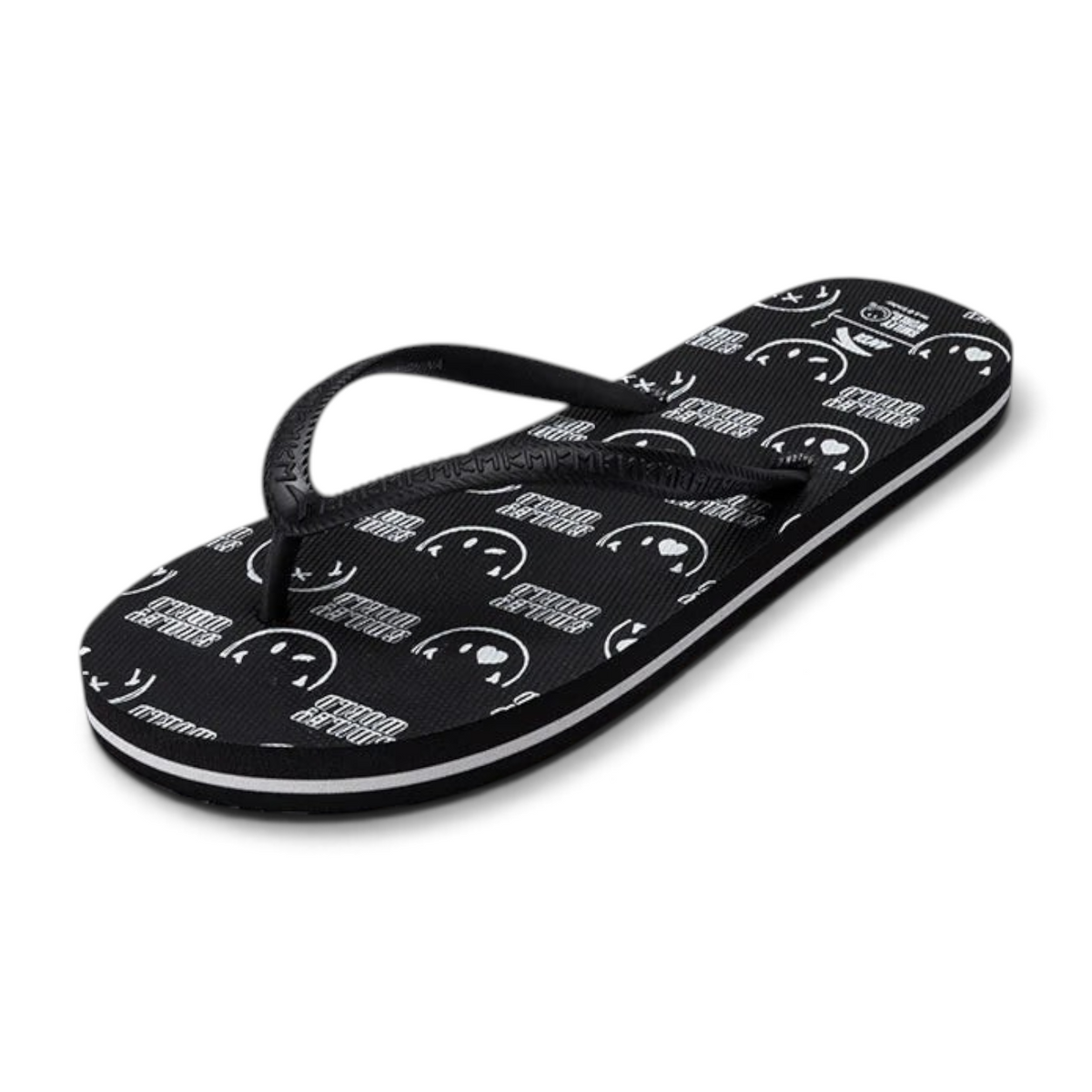 FRG beach slippers in black featuring a white smiley face pattern and comfortable thong strap design
