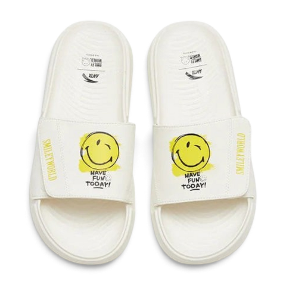 FRG white beach slippers featuring a yellow smiley face graphic and Have Fun Today text on the strap