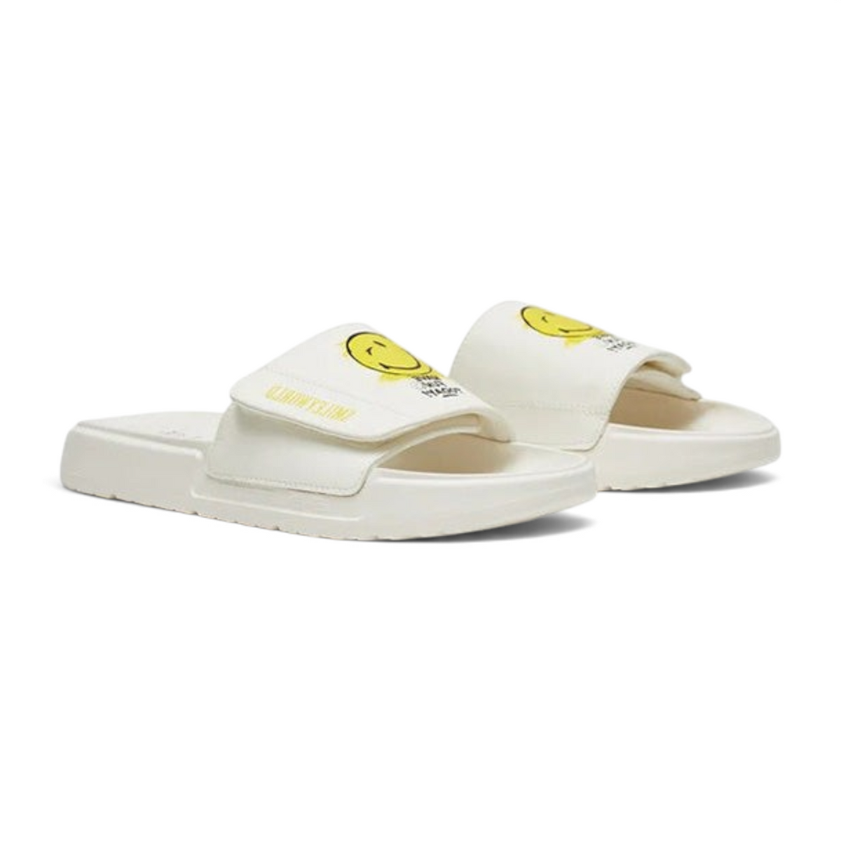FRG beach slippers in white with a yellow smiley face graphic and adjustable velcro strap on a white background